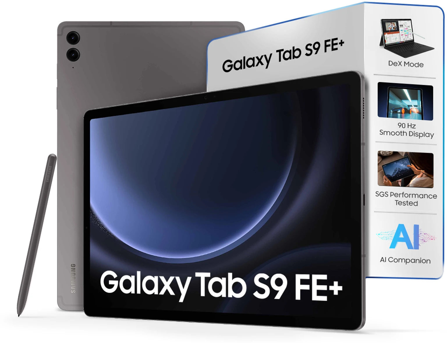 Samsung Galaxy Tab S9 FE+ tablet with stylus and packaging 