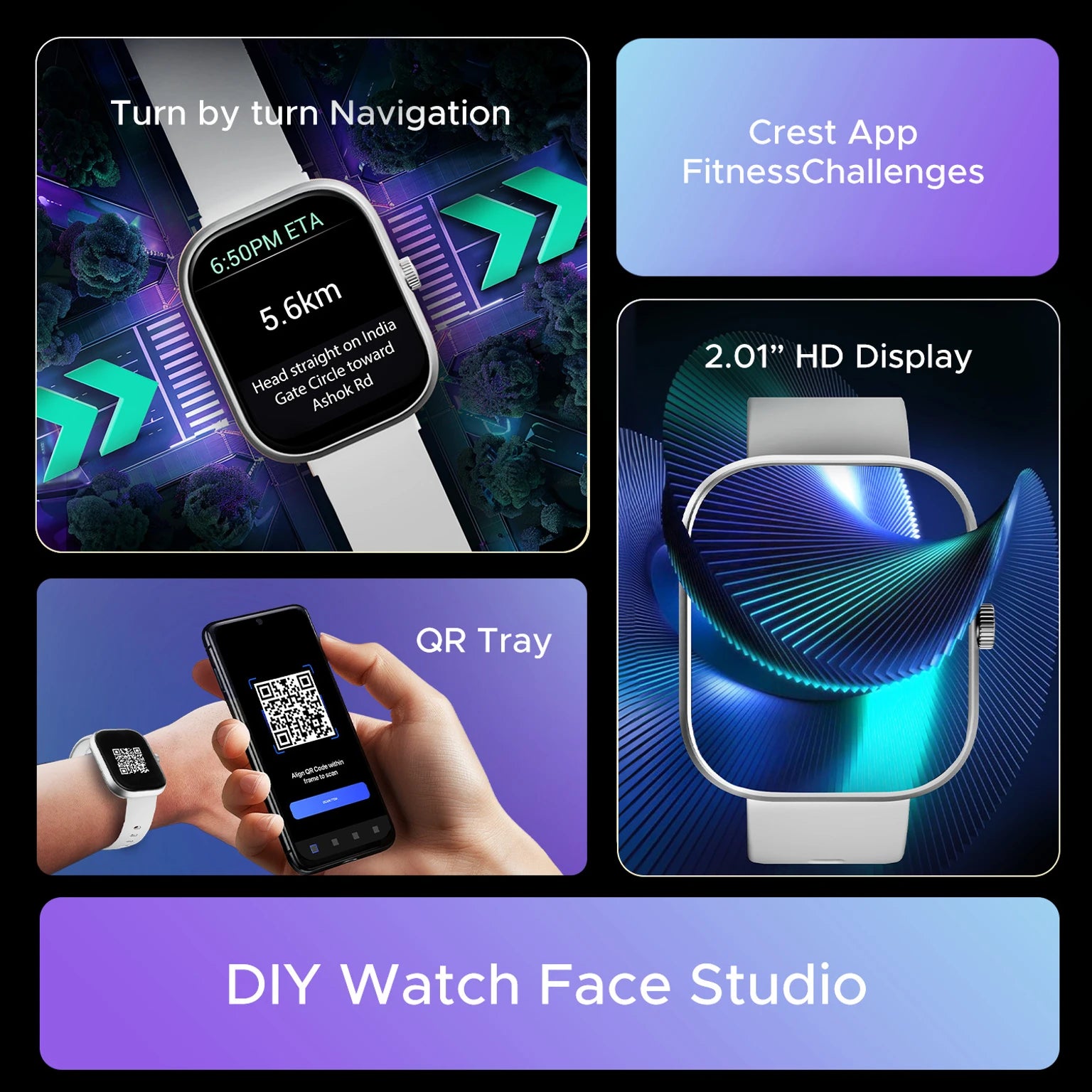 boAt 3 w/ Turn By Turn Navigation, 2.01" Screen, Crest App, QR Code Tray Smartwatch