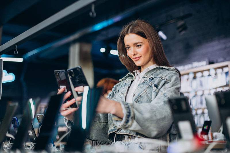 Woman in a store holding multiple smartphones